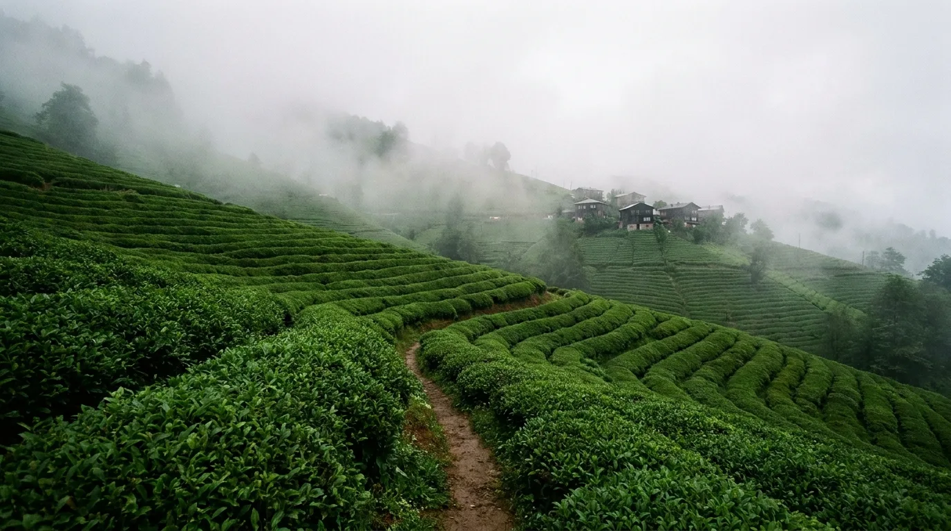 Rize'de sisin içinde uzanan basamaklı çay bahçeleri