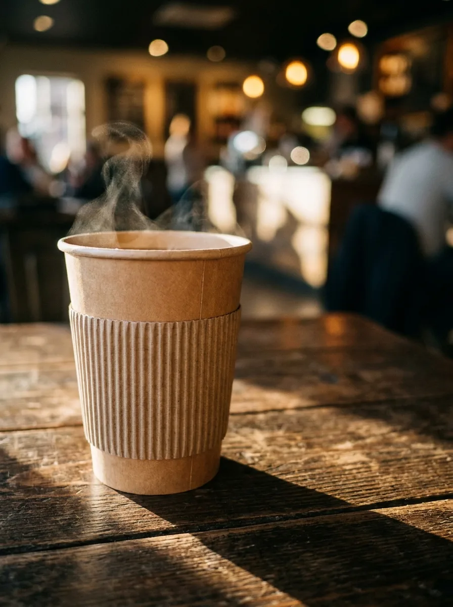 Kafe masasında buharı tüten çift cidarlı, kabartmalı kraft bardak