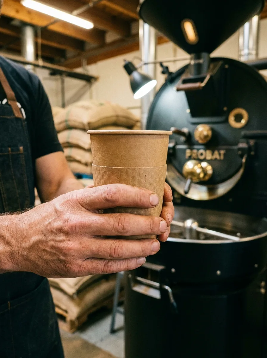 Kahve kavurma makinesinin önünde çift cidarlı kraft bardak tutan barista