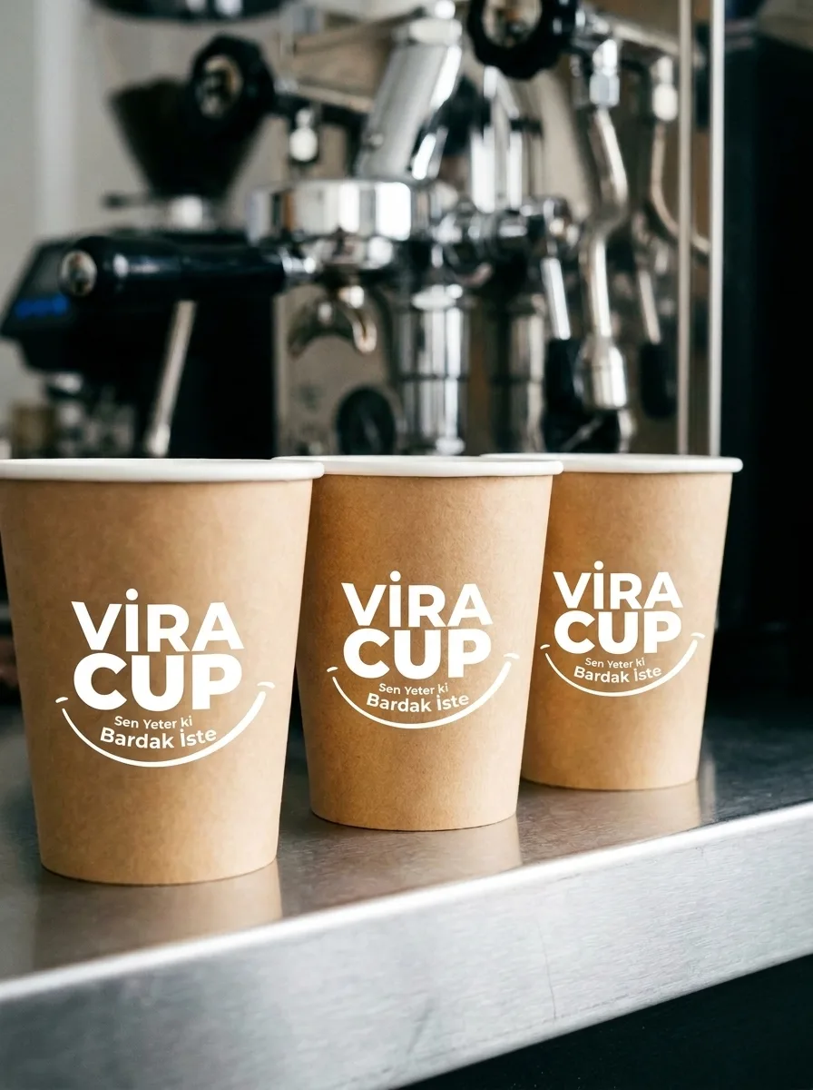 Espresso makinesinin önünde yan yana dizilmiş Viracup logosu baskılı kraft bardaklar
