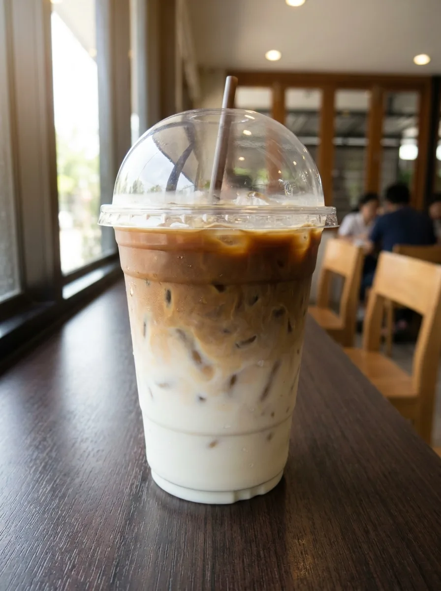 Kubbe kapaklı 14 oz şeffaf PET bardakta buzlu latte