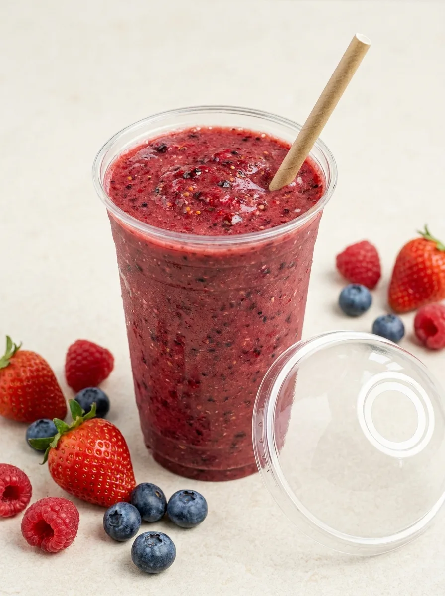 Meyveli smoothie dolu 18 oz şeffaf PET bardak ve düz kapağı